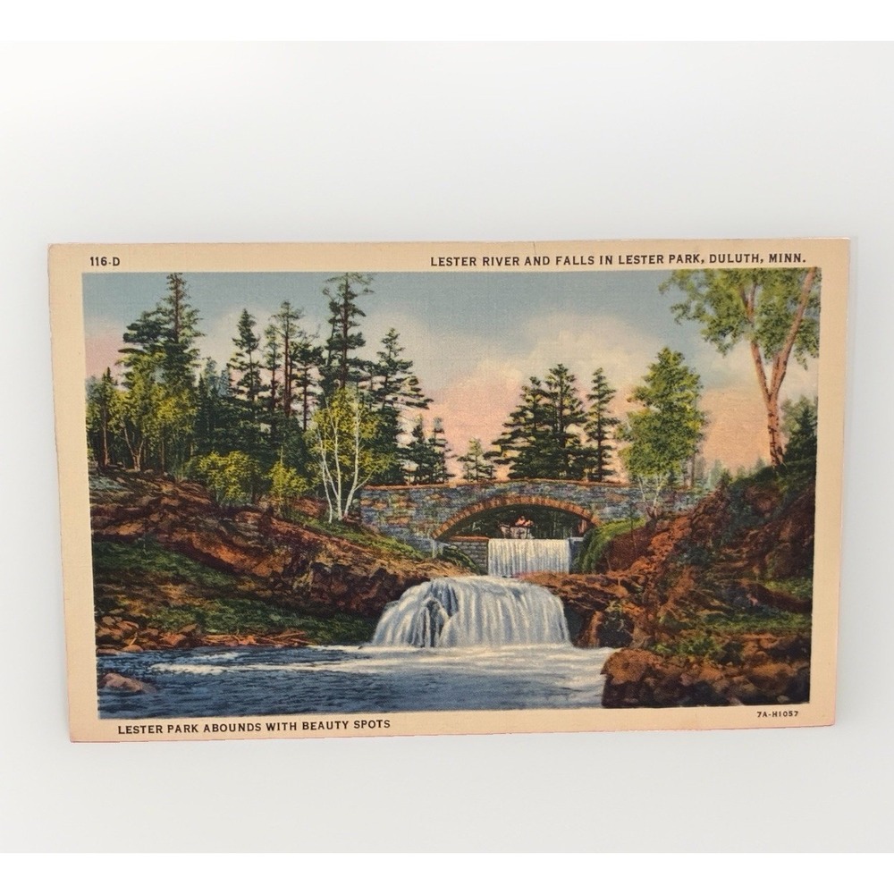 Lester River And Falls In Lester Park Duluth Minnesota Vintage Linen Postcard